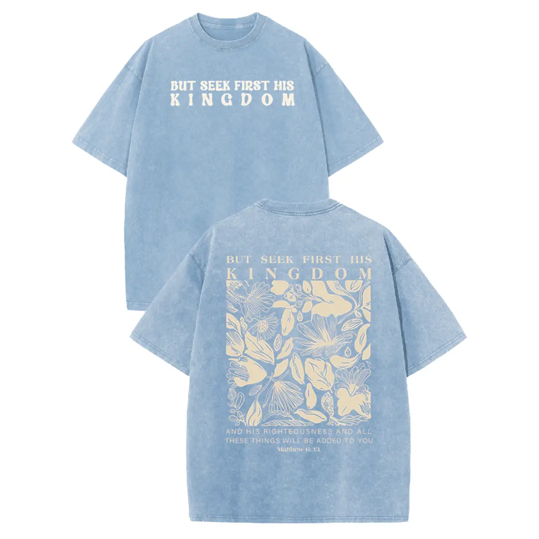 Seek First His Kingdom Matthew 6:33 Floral Christian Graphic Tee, Retro Vintage Acid Washed Double-Sided Print Oversized Casual T-Shirt