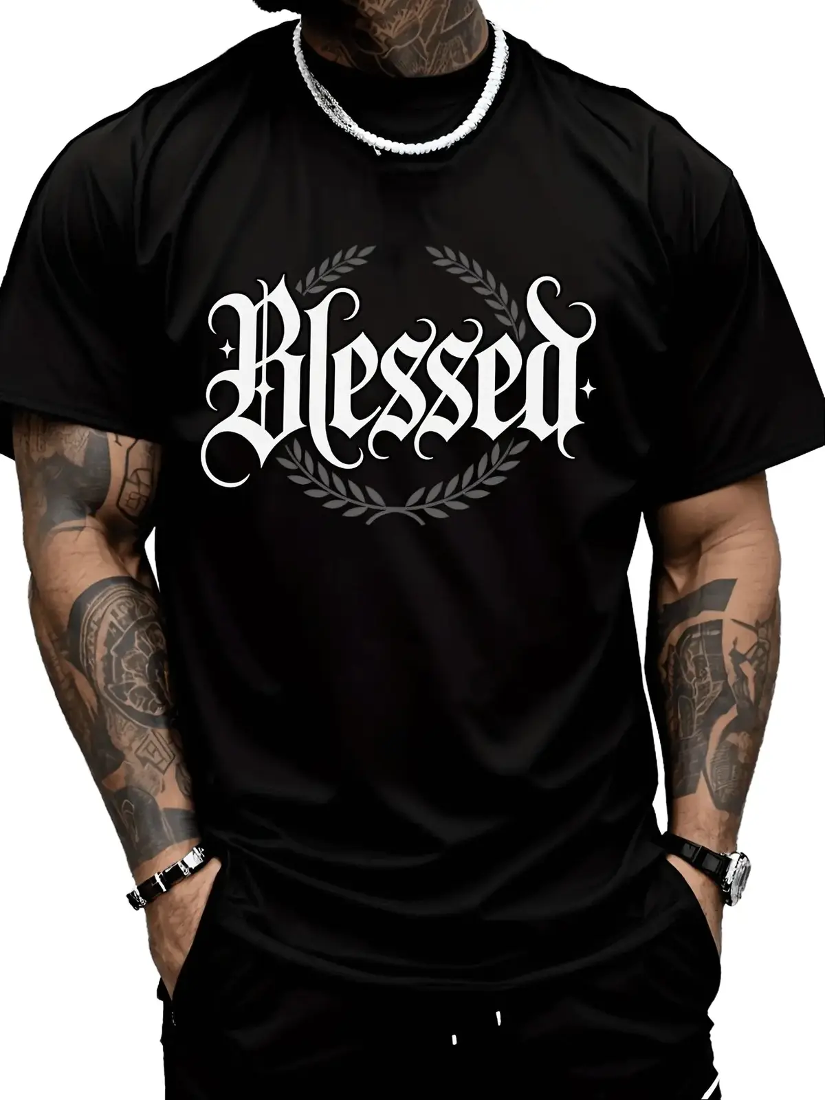 Blessed Gothic Old English Script Graphic Tee with Laurel Wreath, Aesthetic Christian Faith Urban Streetwear Crew Neck T-Shirt