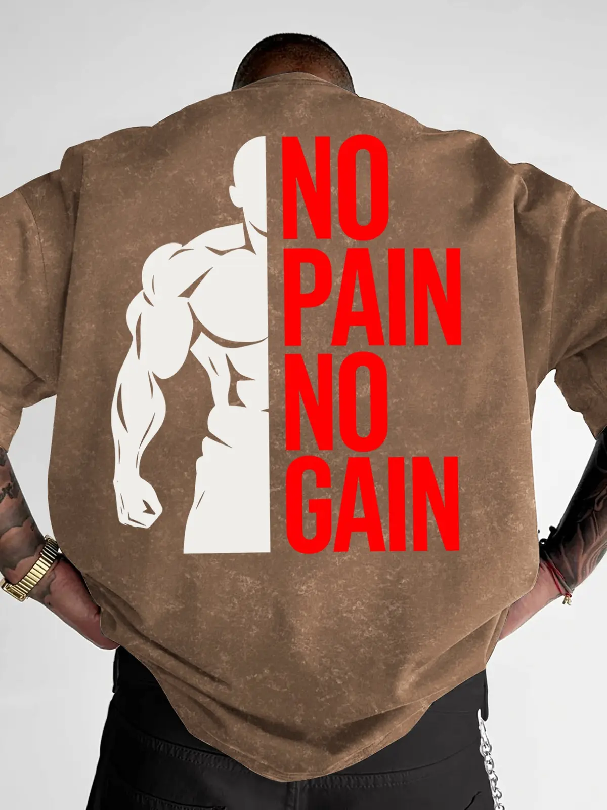 No Pain No Gain Bodybuilder Gym Graphic Tee, Vintage Washed Oversized Fitness Workout Shirt Front and Back Print Sporty Streetwear T-Shirt