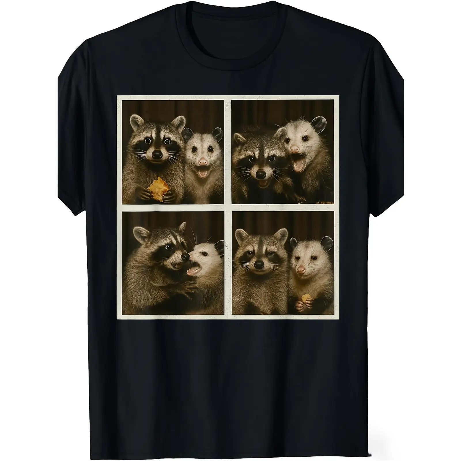 Funny Possum and Raccoon Photobooth Selfie Graphic Tee, Retro Vintage Style 4 Animal Selfies Print Heavyweight Unisex Cotton T-Shirt