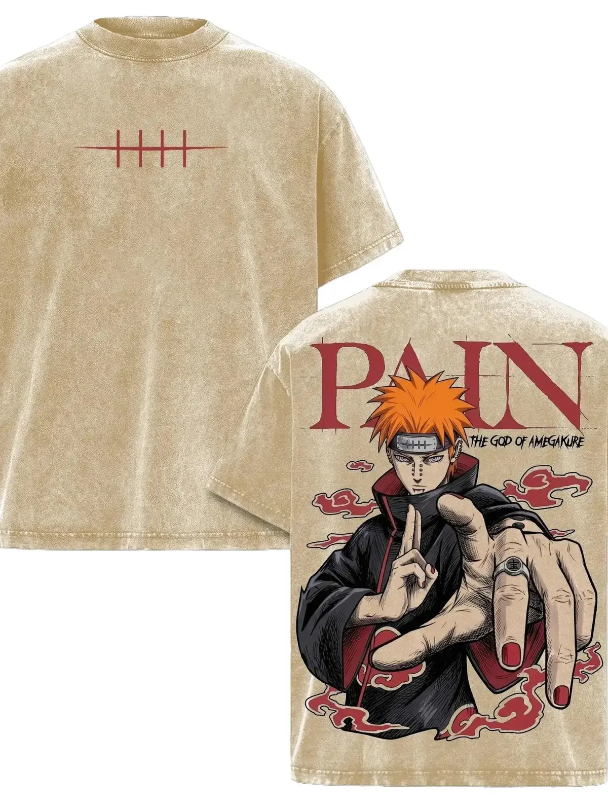 Pain Nagato Akatsuki Naruto Anime Graphic Tee, Vintage Acid Washed Heavyweight Cotton Oversized Front and Back Dark Streetwear T-Shirt