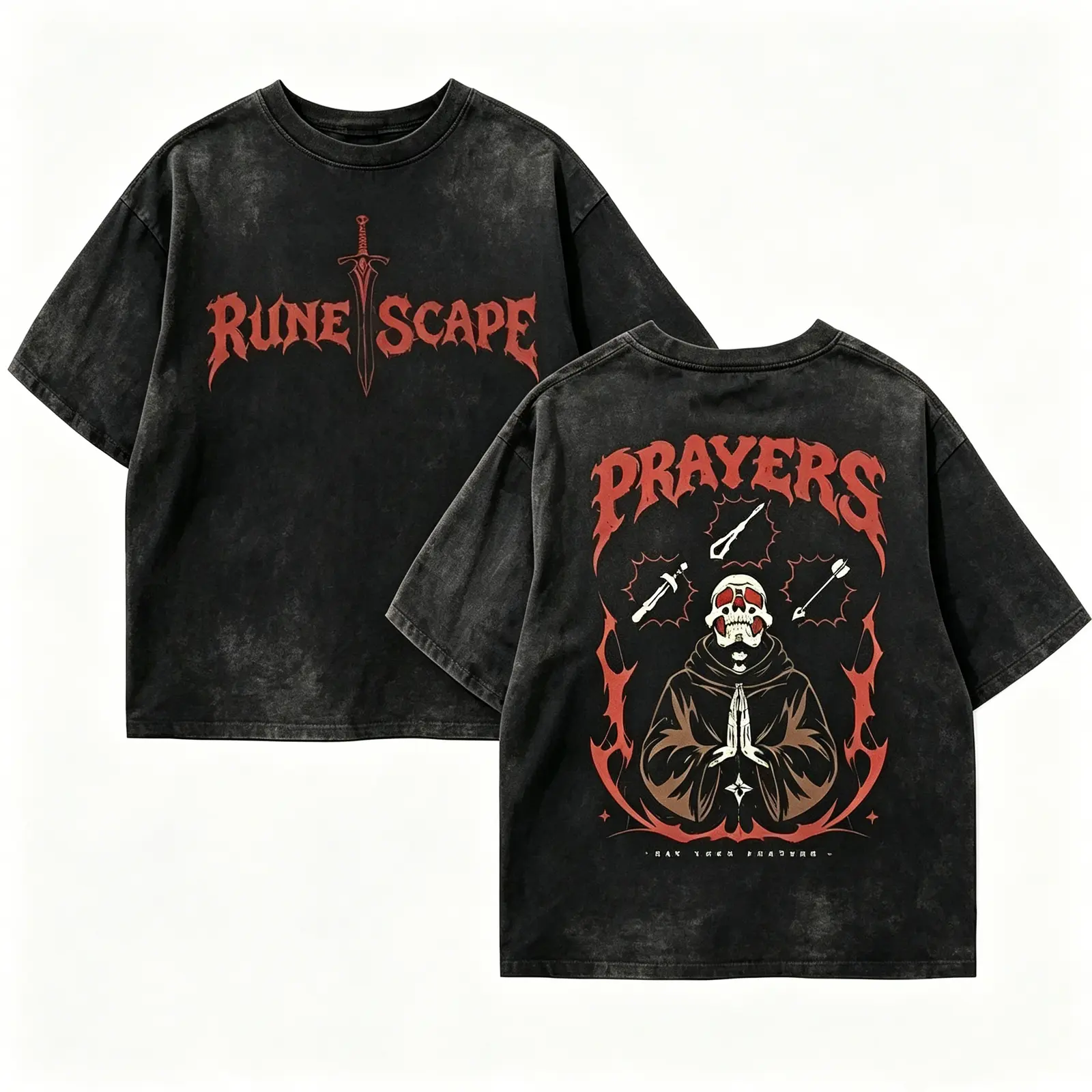Old School RuneScape OSRS Say Your Prayers Graphic Tee, Retro Gaming Humor Acid Wash Double-Sided Gamer Streetwear Unisex T-Shirt
