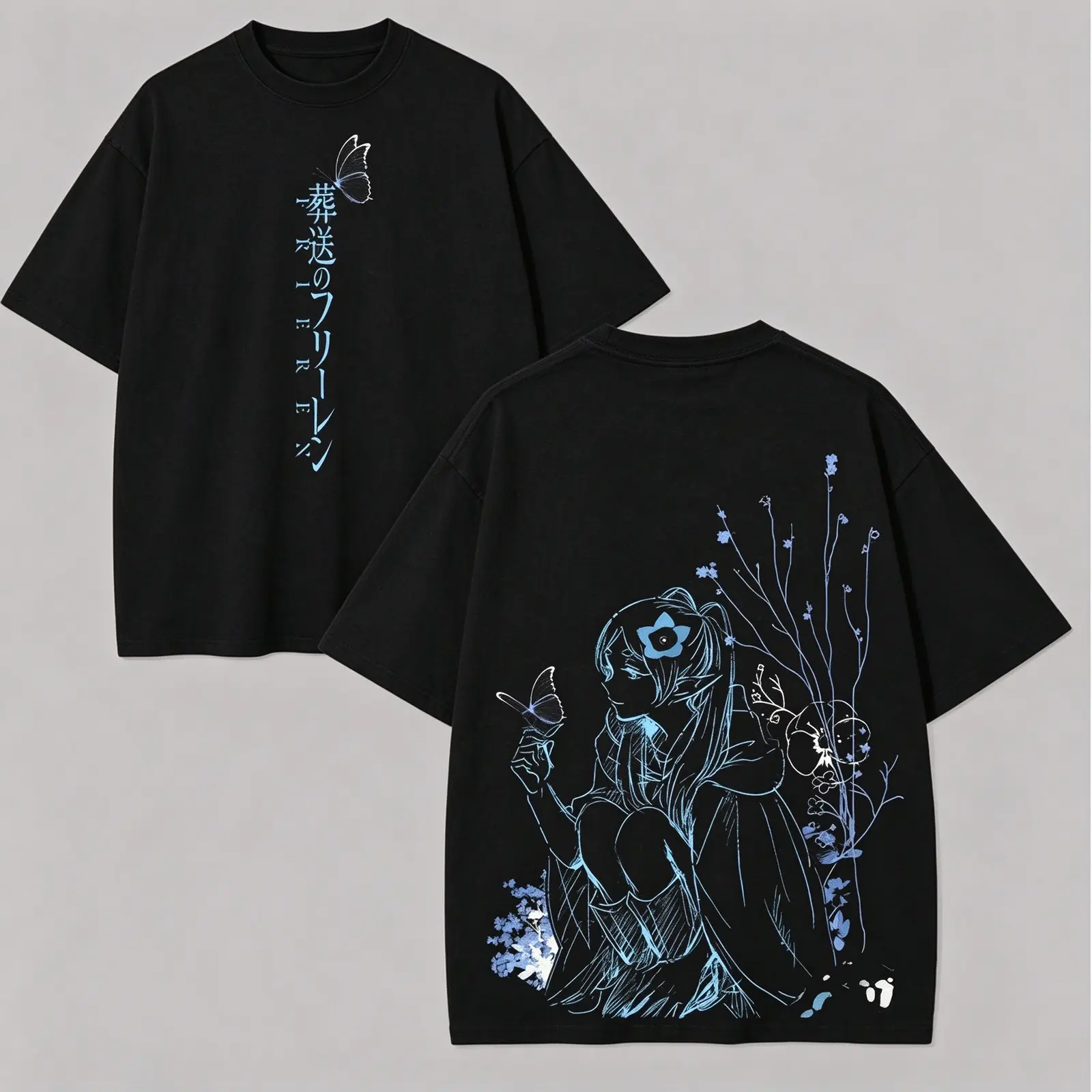 Frieren Anime Graphic Tee, Vintage Acid Washed Baggy Oversized Crew Neck T-Shirt with Two-Sided Print, Unisex Menswear Streetwear Top