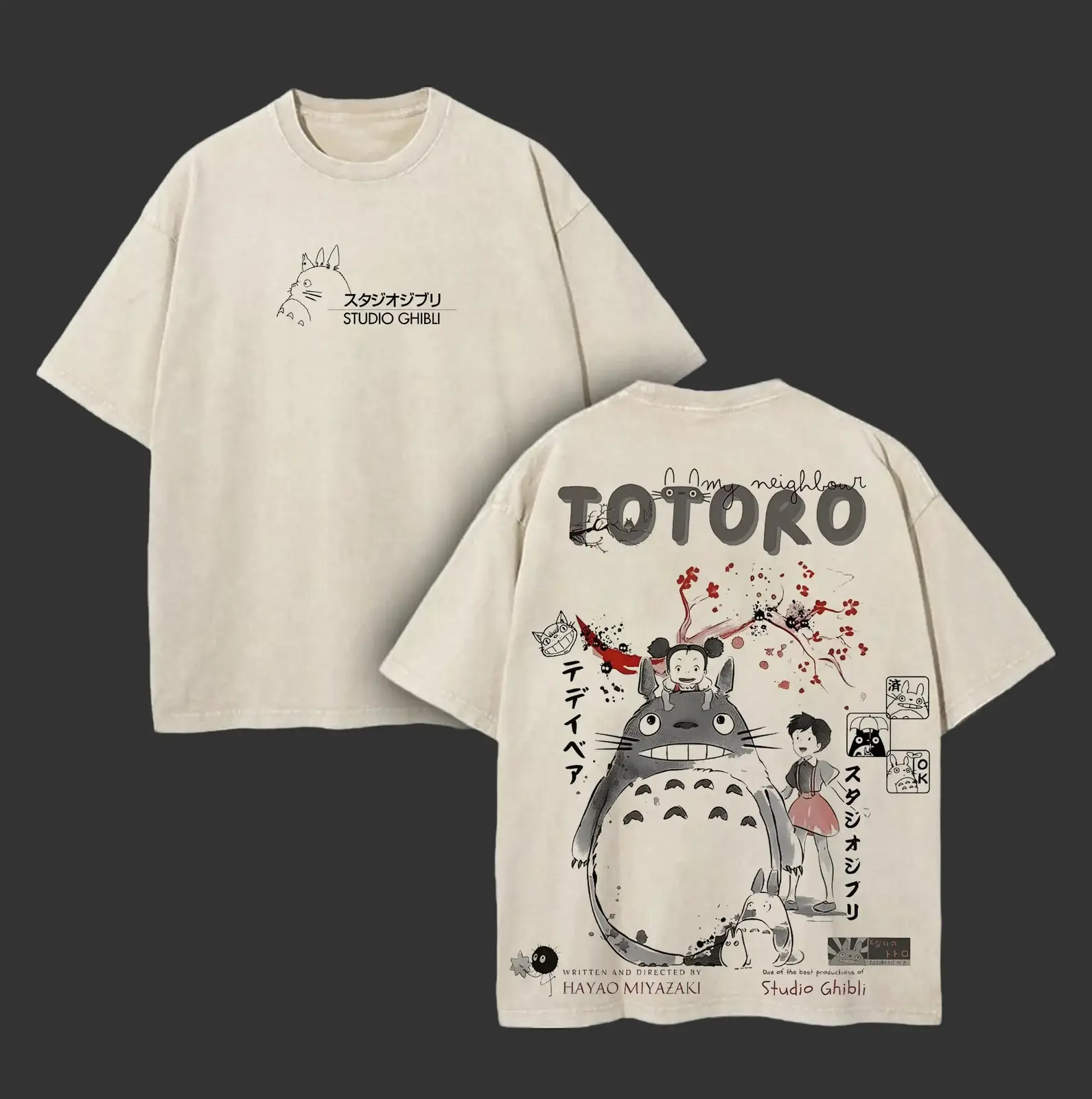 Studio Ghibli My Neighbor Totoro Vintage Washed Tee, Double-Printed Anime Streetwear Heavyweight Cotton Oversized Unisex T-Shirt
