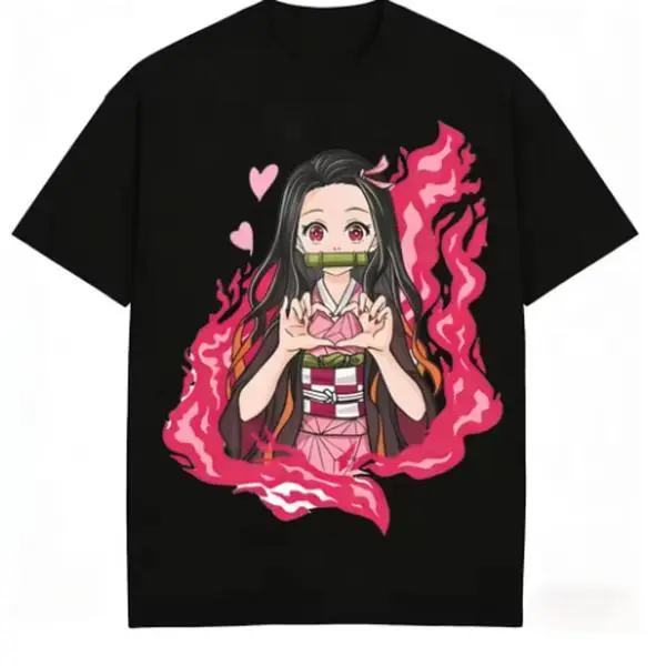 Demon Slayer Nezuko Kamado Heart Hands Anime Graphic Tee, Cute Pink Flame Manga Print Loose Casual Pure Cotton Short Sleeve T-Shirt