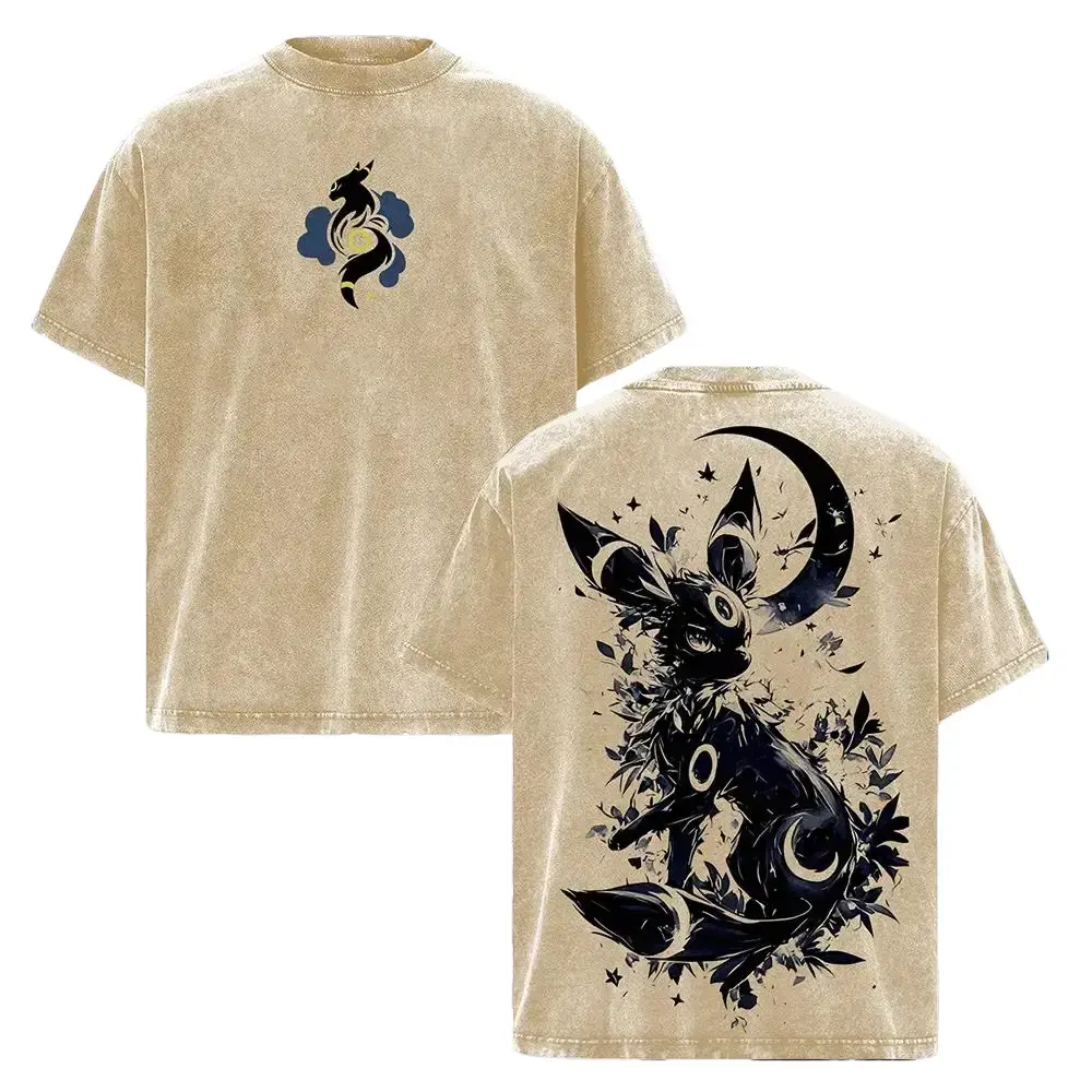 Umbreon Pokemon Anime Acid Washed Tee, Vintage Pocket Monsters Front and Back Graphic, Oversized Heavy Cotton Unisex Streetwear T-Shirt