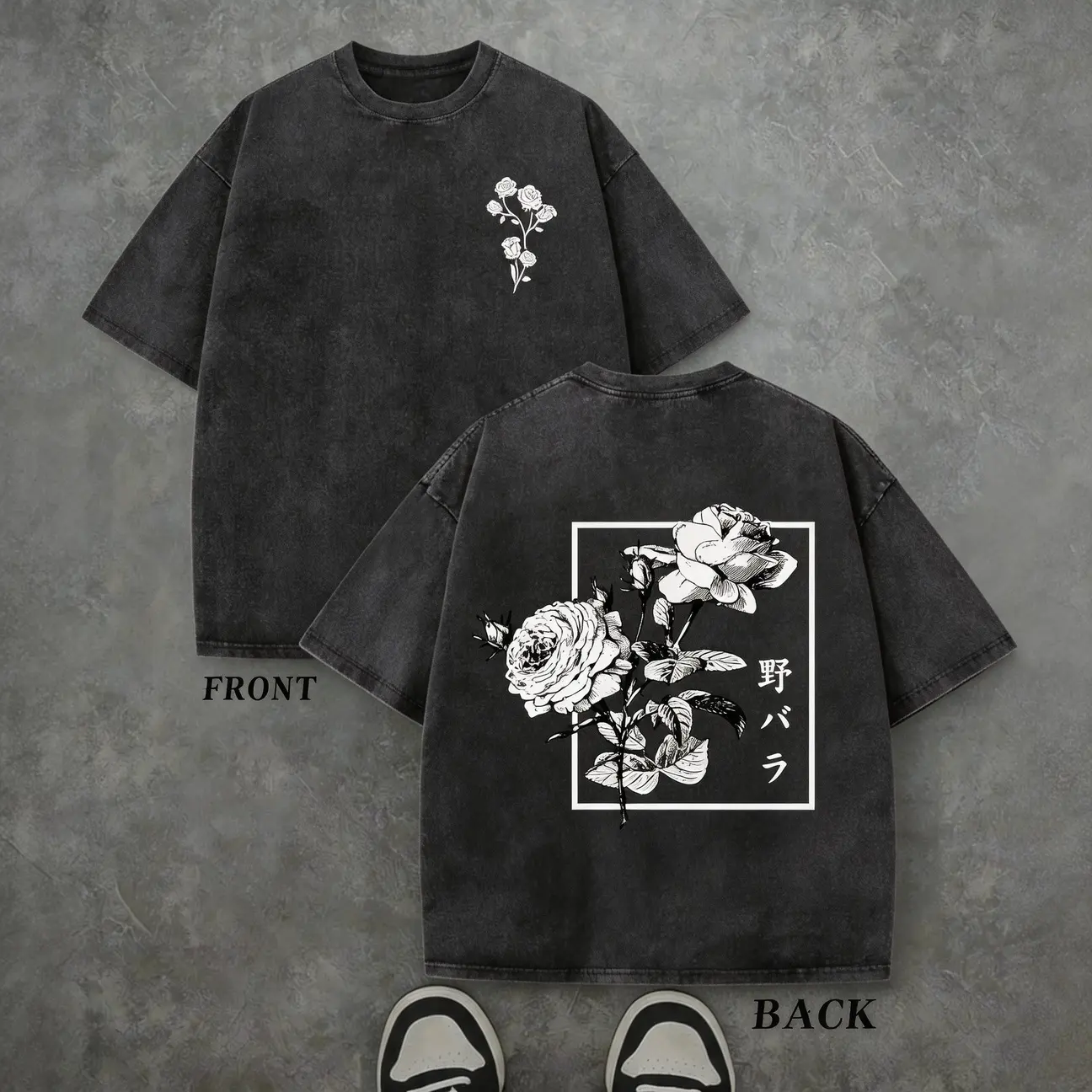 Japanese Harajuku Rose Flower Floral Graphic Tee, Vintage Acid Wash Oversized Streetwear Double-Sided Unisex Cotton T-Shirt