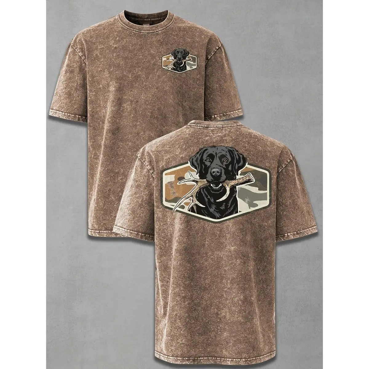 Black Lab Deer Antler Hunting Dog Graphic Tee, Vintage Washed Retro Camo Print Front and Back Oversized Streetwear T-Shirt
