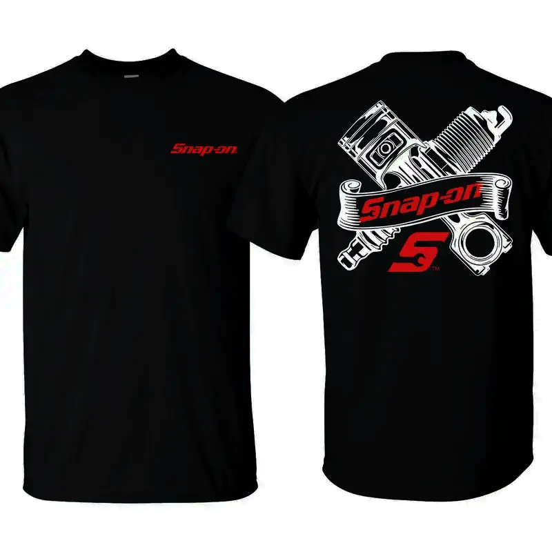 Snap-on Mechanic Engine Parts Graphic Tee, Piston and Spark Plug Double-Sided Print Shirt, Vintage Streetwear Garage Cotton T-Shirt
