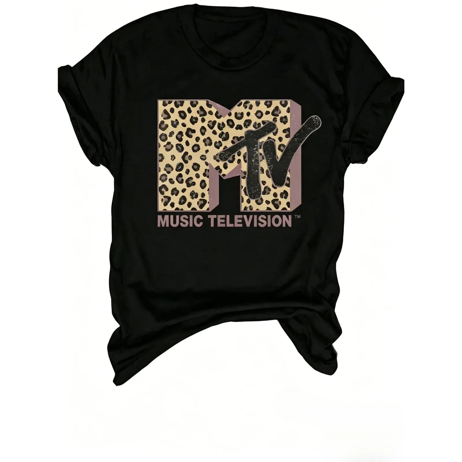 MTV Music Television Leopard Print Logo Graphic Tee, Mob Wife Aesthetic Y2K Retro Streetwear Women's Fitted Cotton Crew Neck T-Shirt