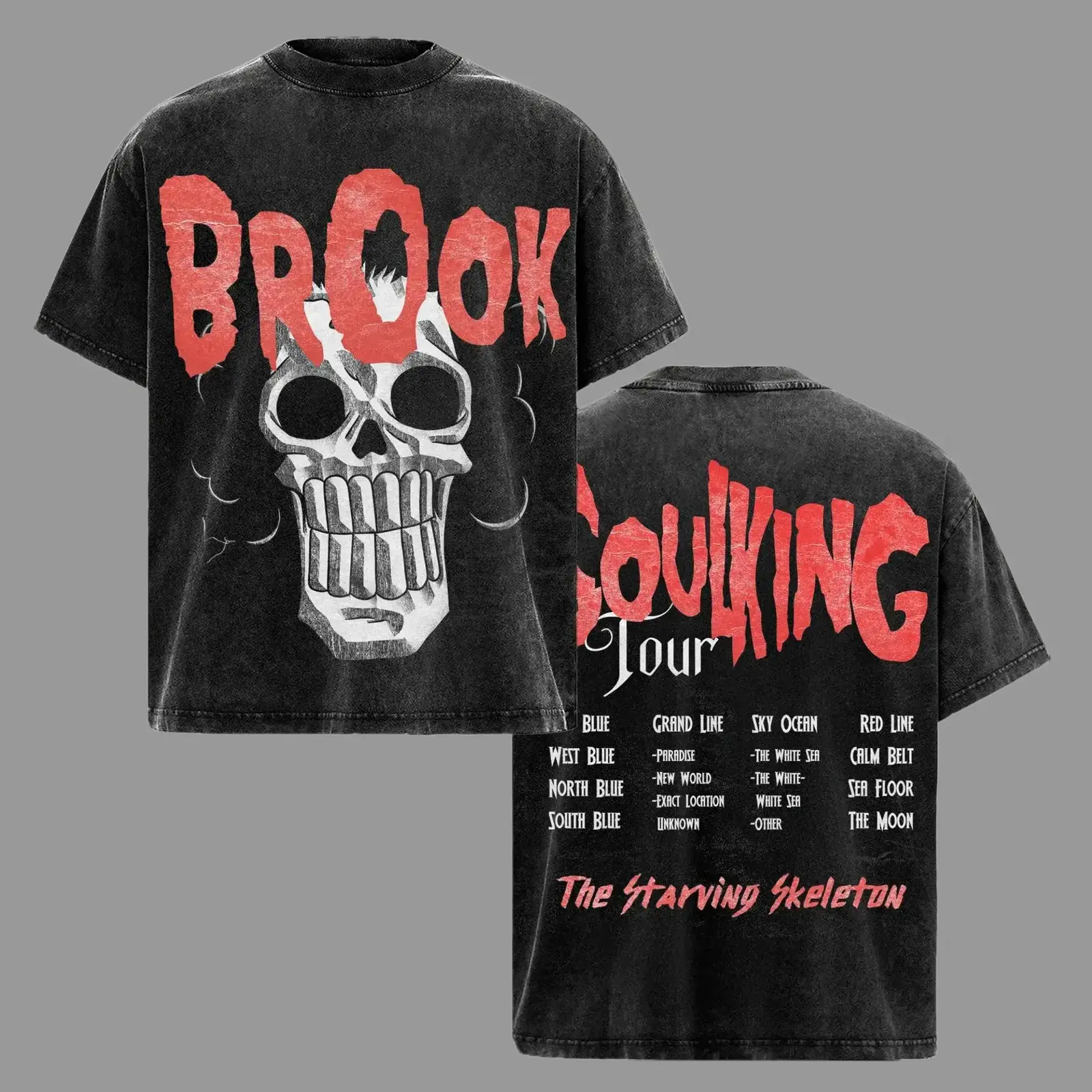 One Piece Brook Soul King Tour Anime Graphic Tee, The Starving Skeleton Washed Double-Sided Print, Heavyweight Vintage Streetwear Unisex T-Shirt