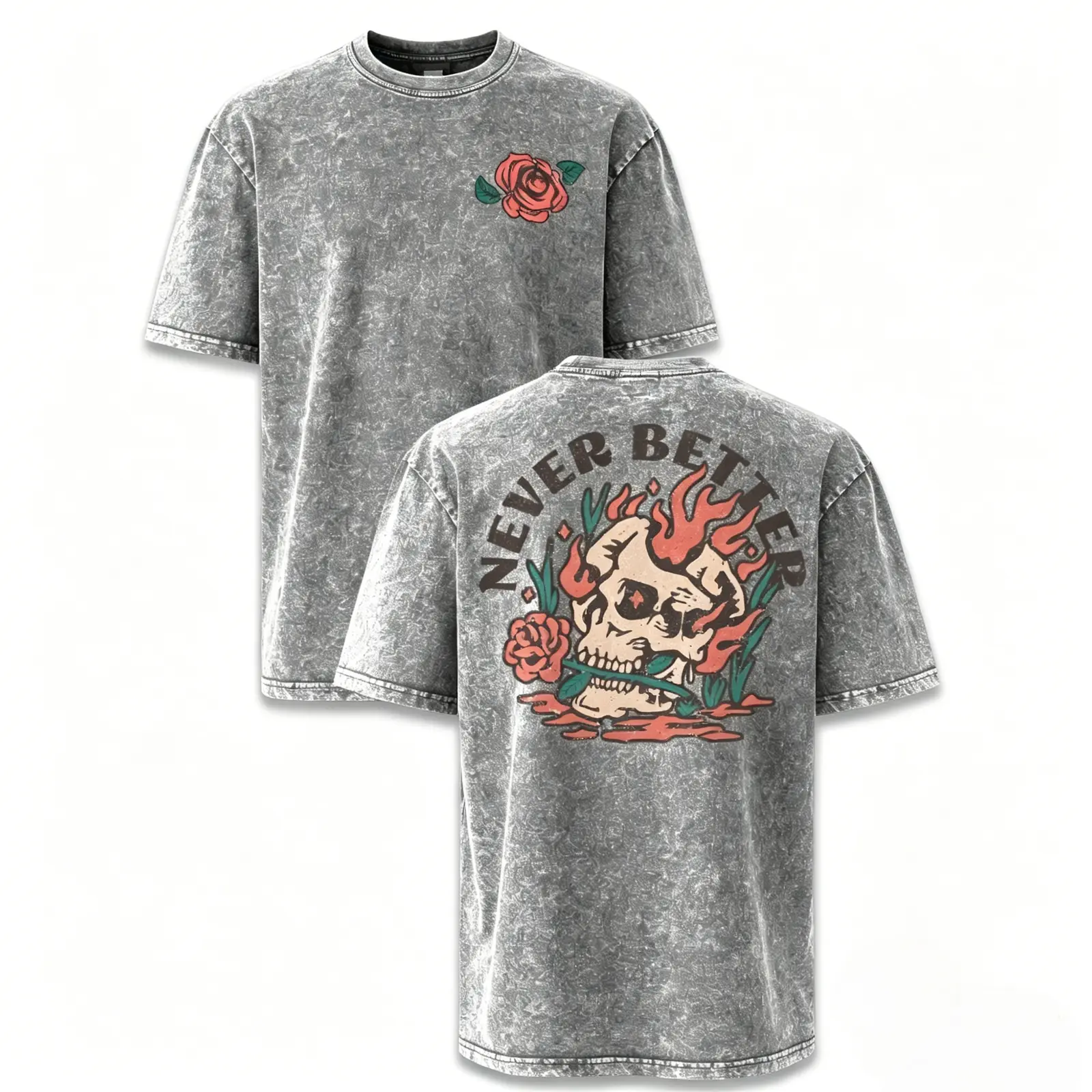 Never Better Old School Tattoo Style Skull and Red Rose Washed Tee, Grunge Aesthetic Punk Front and Back Print Oversized T-Shirt