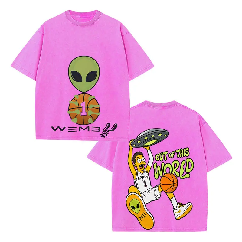 Retro Victor Wembanyama Wemby Alien UFO Simpsons Cartoon Out Of This World Double Sided Vintage Washed Tee, Oversized Spurs Fan Shirt