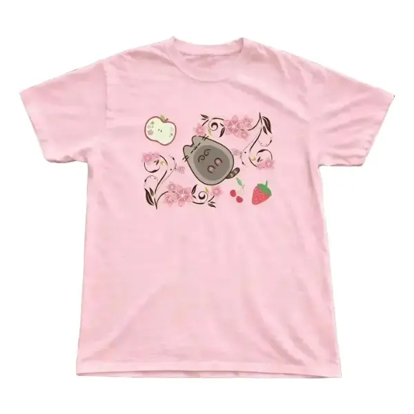 Pink Pusheen Cat Cartoon Graphic Tee, Vintage Y2K Cute Kawaii Cat Lover Floral Fruit Print Unisex Cotton Casual Streetwear T-Shirt