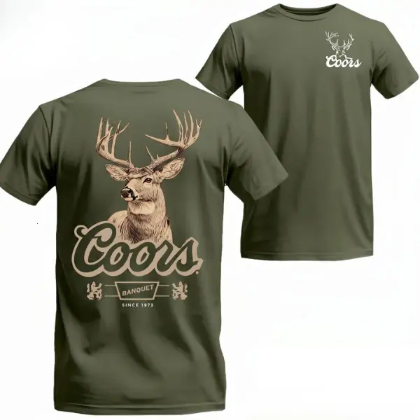 Vintage Whitetail Buck Deer Coors Banquet Graphic Tee, Beer Lover Hunting and Camping Two-Sided Print Soft Cotton Short Sleeve Unisex T-Shirt