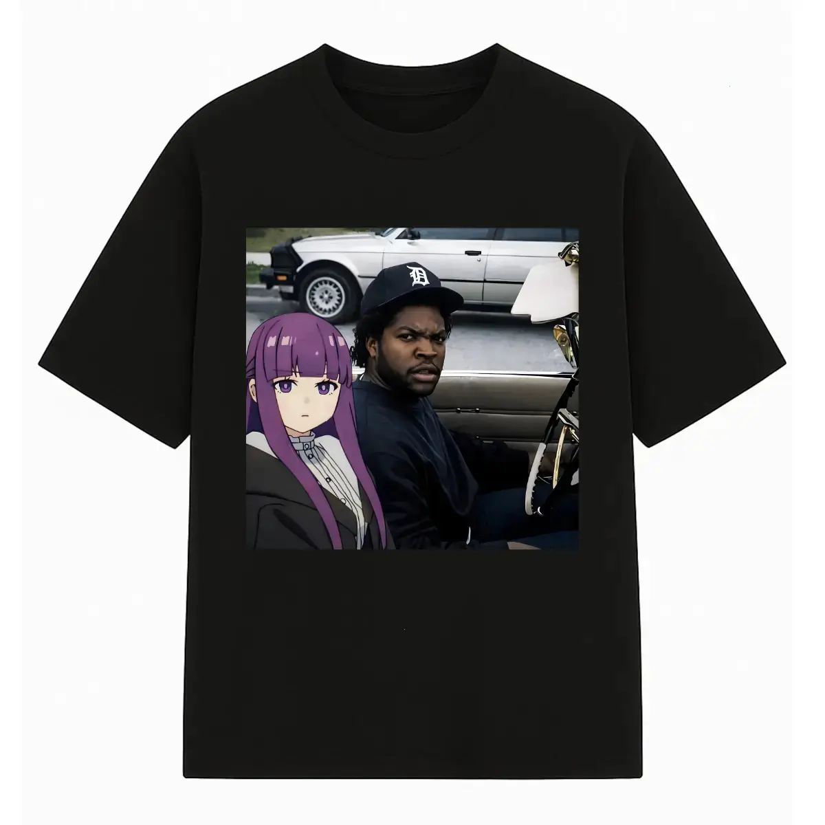 Frieren Fern and Ice Cube Car Meme Vintage Anime Graphic T-Shirt, Oversized Y2K Anime Streetwear Round Neck Casual Cotton Men's Tee