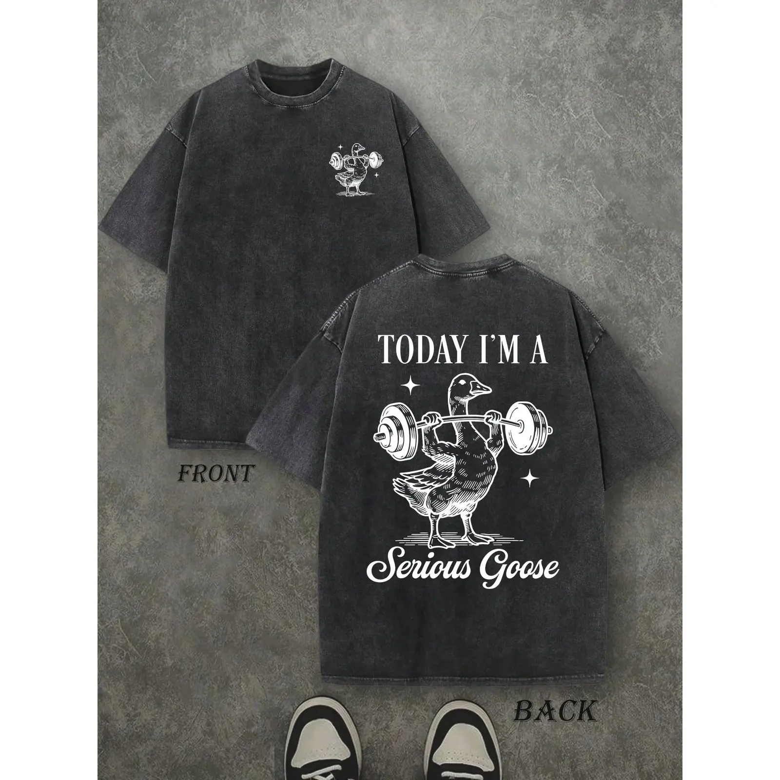 Today I'm A Serious Goose Weightlifting Goose Funny Gym Meme Tee, Vintage Washed Front and Back Sketch Animal Workout Oversized T-Shirt