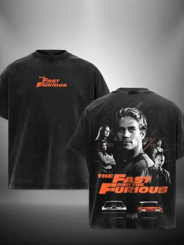 The Fast and the Furious Vintage Movie Graphic Tee, Retro Street Racing Muscle Car Front and Back Print Washed Oversized Loose Fit T-Shirt