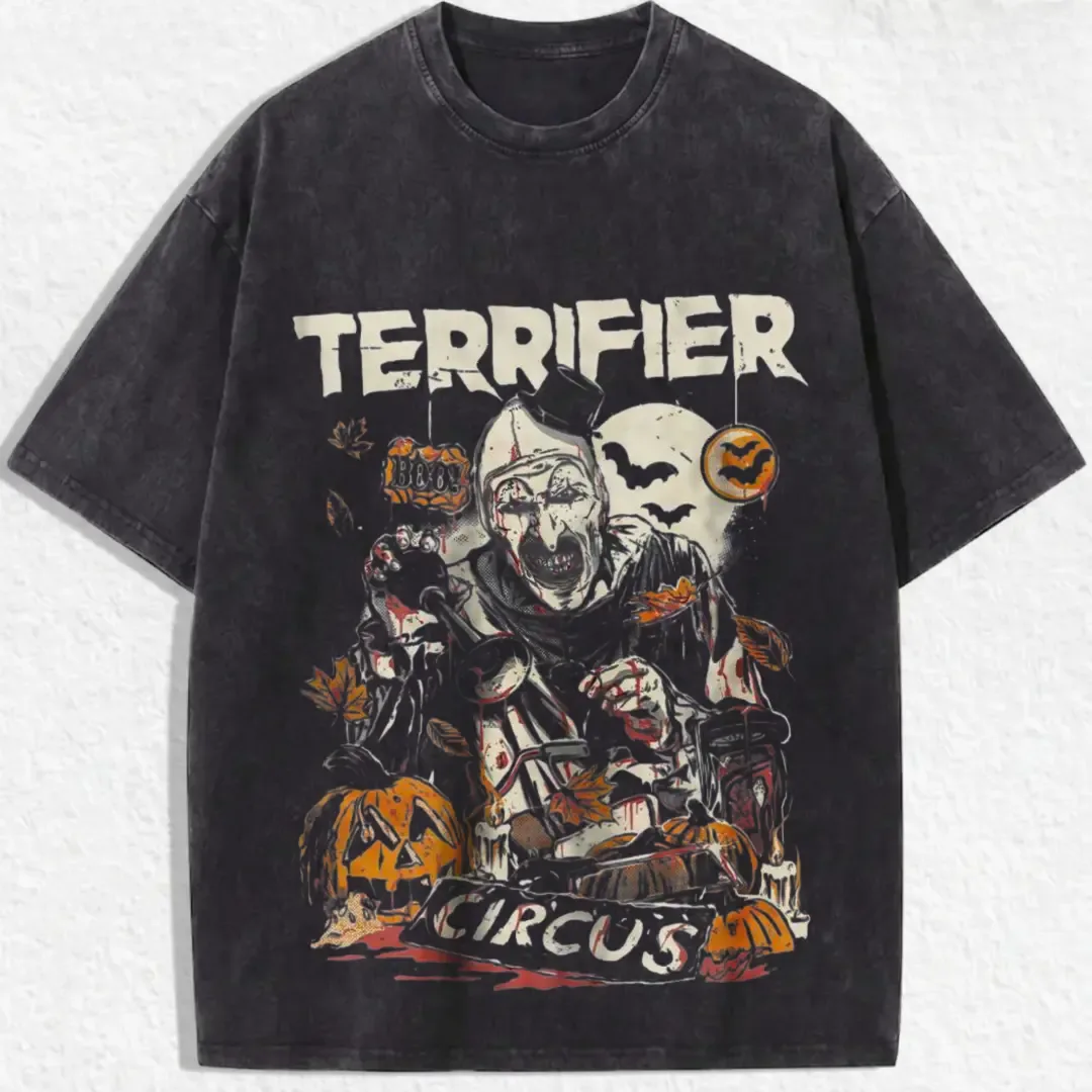 Terrifier Art the Clown Circus Creepy Evil Clown Horror Graphic Tee, Dark Grunge Y2K Streetwear Vintage Acid Wash Halloween T-Shirt