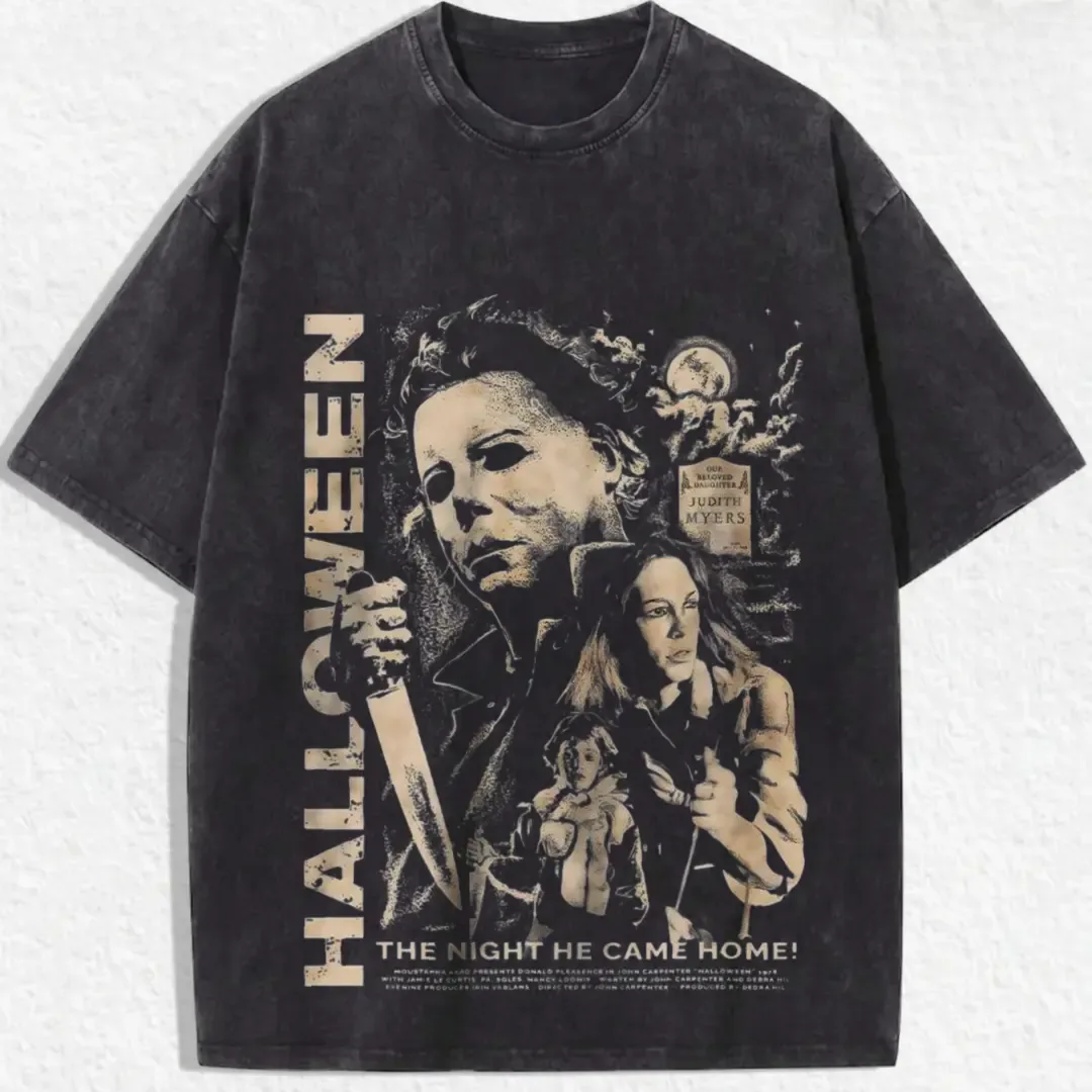 Halloween Michael Myers The Night He Came Home Retro Slasher Thriller Movie Graphic Tee, Acid Wash Alt Y2K Streetwear Vintage T-Shirt