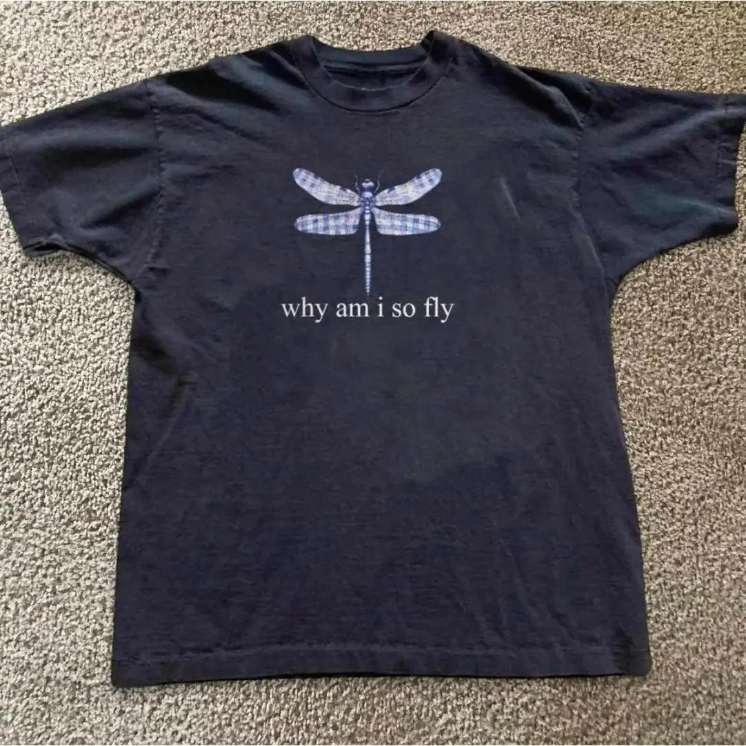 Why Am I So Fly Blue Dragonfly Graphic Tee, Vintage Animal Shirt, Y2K Gothic Grunge Emo Scene Amity Affliction Style Unisex Streetwear T-Shirt