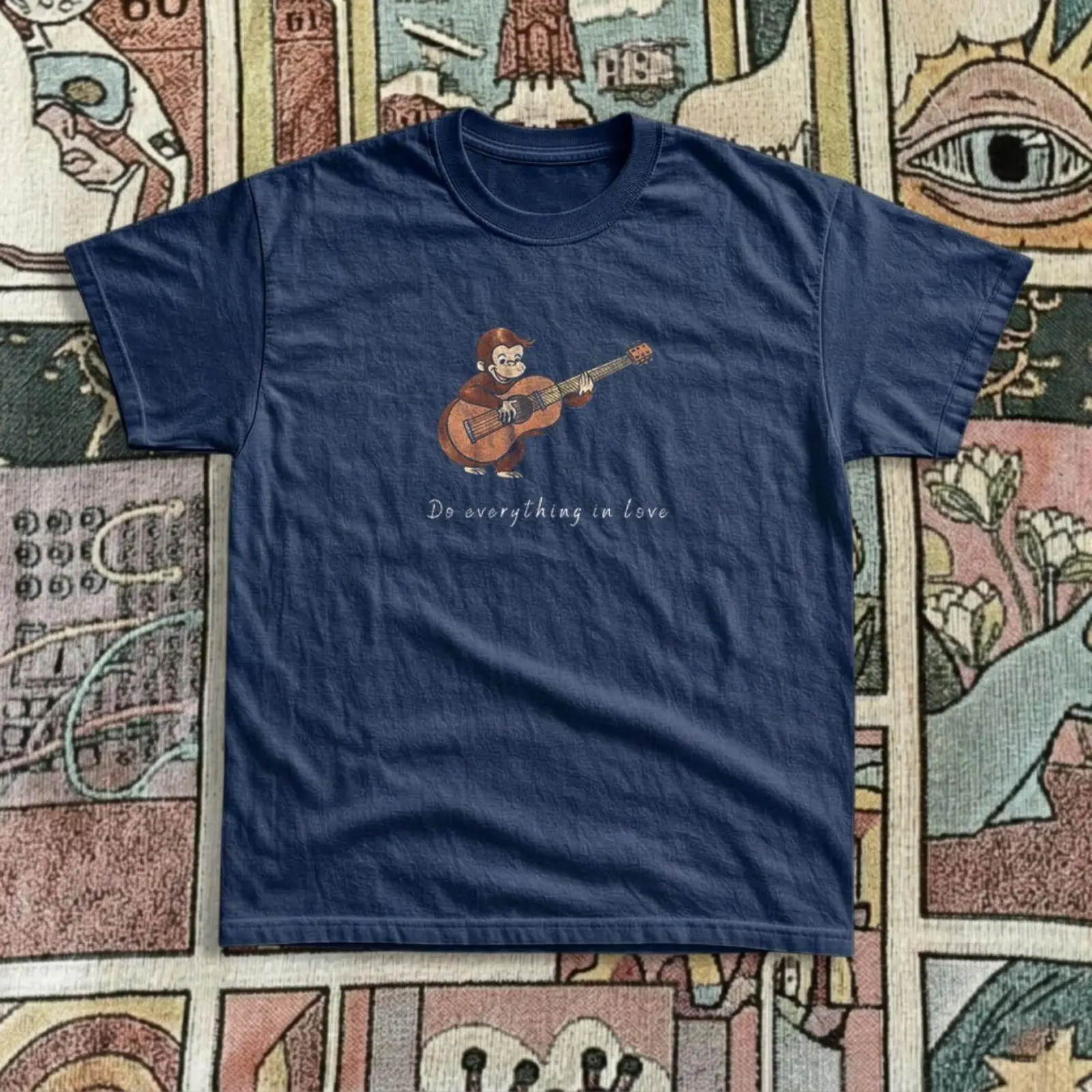 Curious George Do Everything in Love Vintage Graphic Tee, Monkey Playing Guitar Animal T-Shirt, Y2K Grunge Emo Scene Unisex Gildan Streetwear