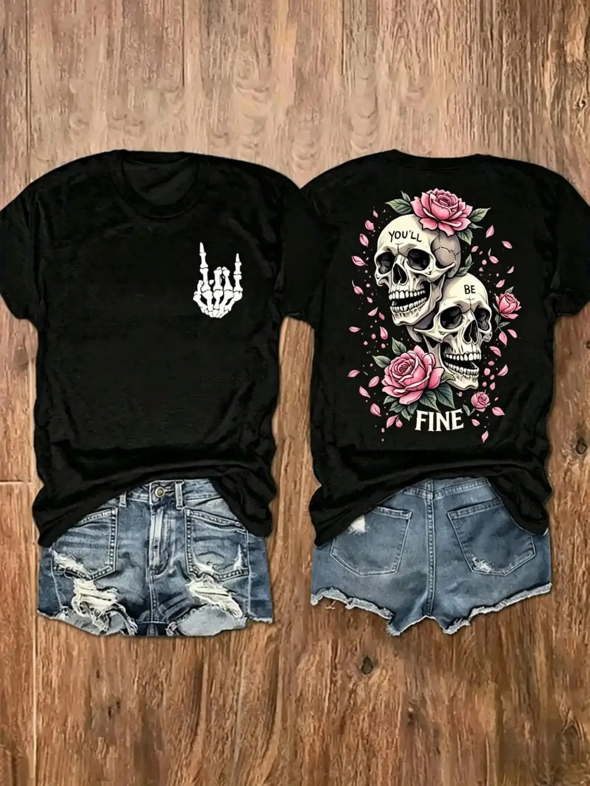Rose Skeleton Skulls Gothic Graphic Tee, Pink Roses Skull Back Print with Skeleton Hand Pocket Design, Womens Streetwear Casual Crewneck T-Shirt