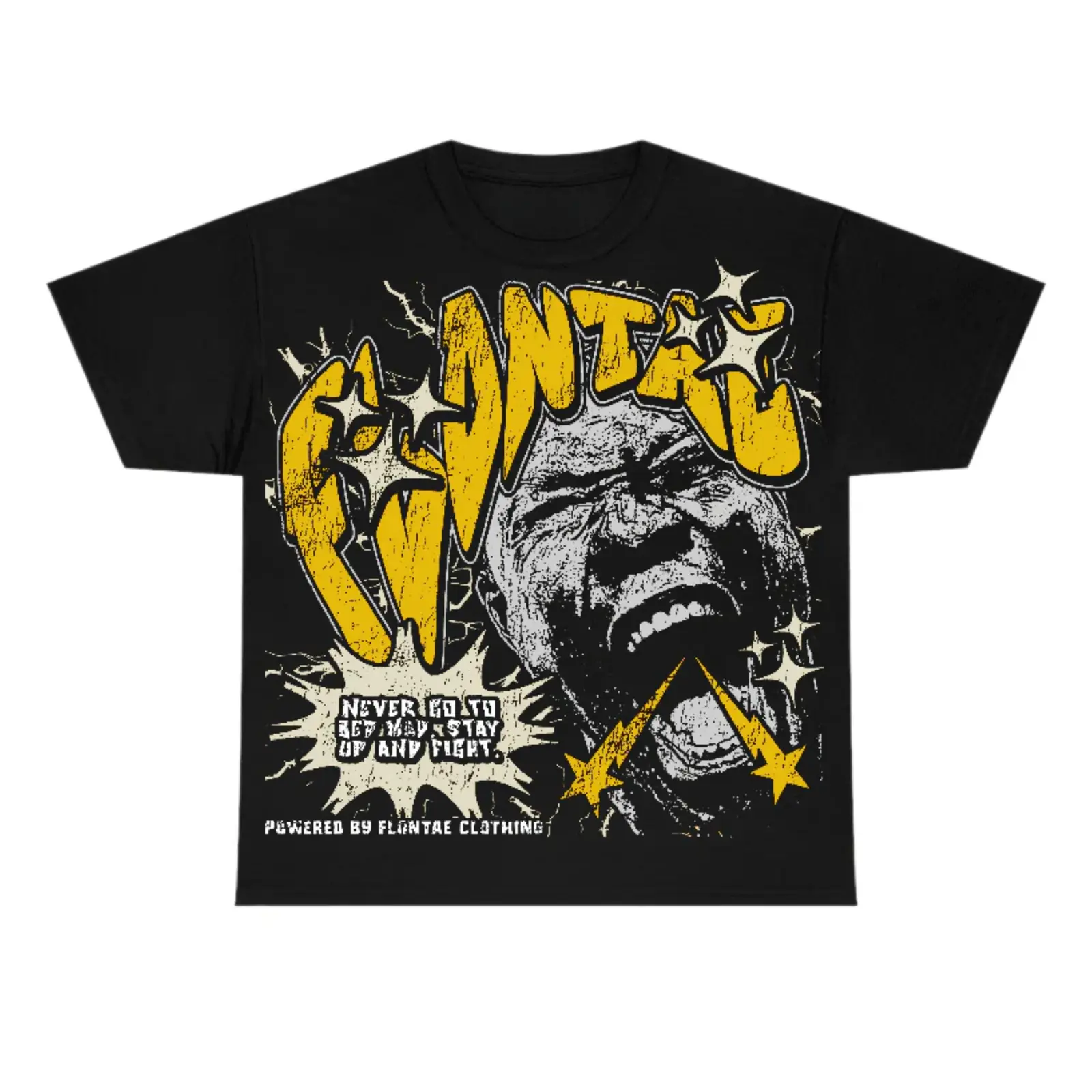Flontae Never Quit Lightning Warrior Graphic Tee, 2000s Y2K Vintage Gothic Streetwear Sneaker Match Bold Statement Loose Crewneck T-Shirt