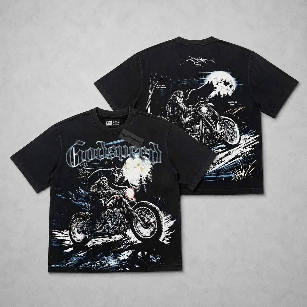 Godspeed Skull Biker Motorcycle Vintage Graphic Tee, Gothic Rock Streetwear Double-Sided Edge to Edge Print Oversized Washed Cotton T-Shirt