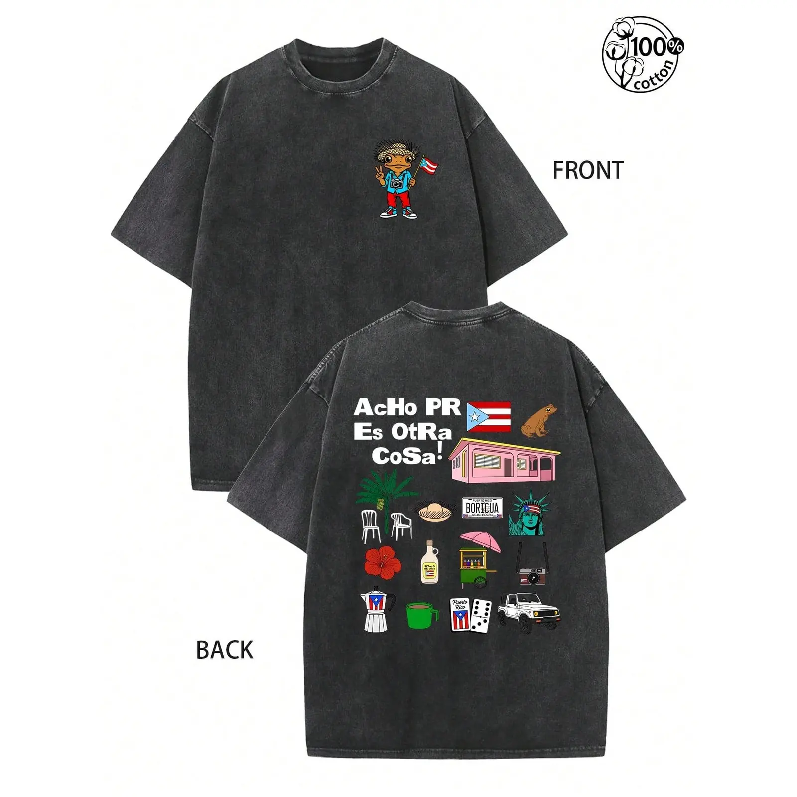 Acho PR Es Otra Cosa Boricua Coqui Frog Vintage Puerto Rico Washed Tee, Puerto Rican Pride Front and Back Print Oversized Cotton T-Shirt