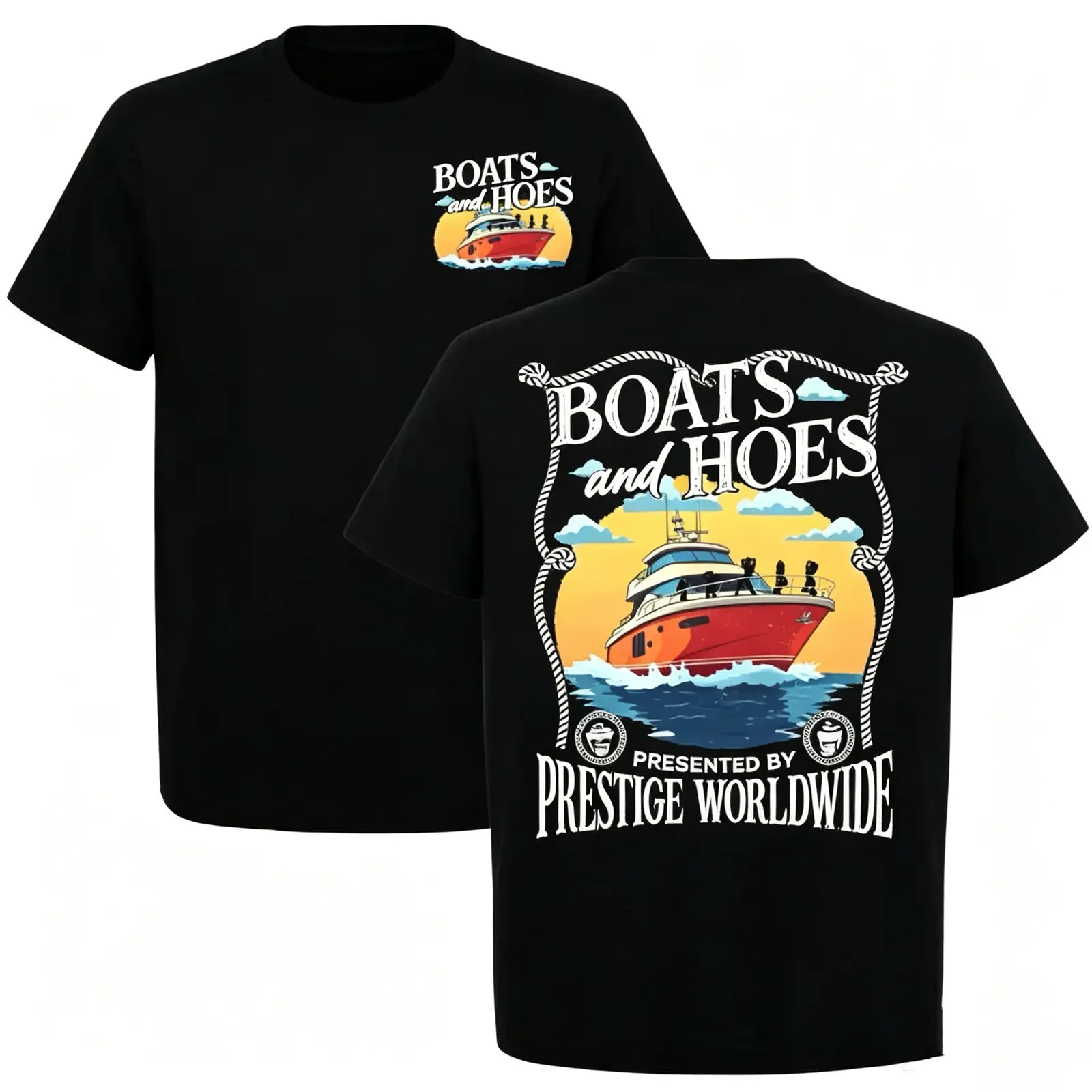 Step Brothers Boats and Hoes Movie Shirt, Prestige Worldwide Vintage Retro Funny Film Graphic Tee, Front and Back Print Unisex T-Shirt