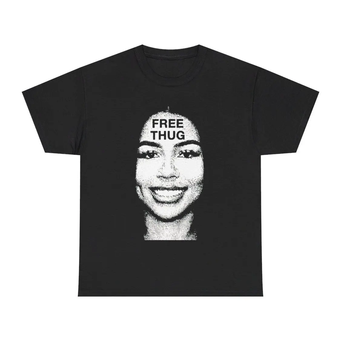 Free Thug Vintage Graphic Tee, Retro Grainy Portrait Print Hip Hop Streetwear Black T-Shirt, Classic Cotton Crew Neck Unisex Tee