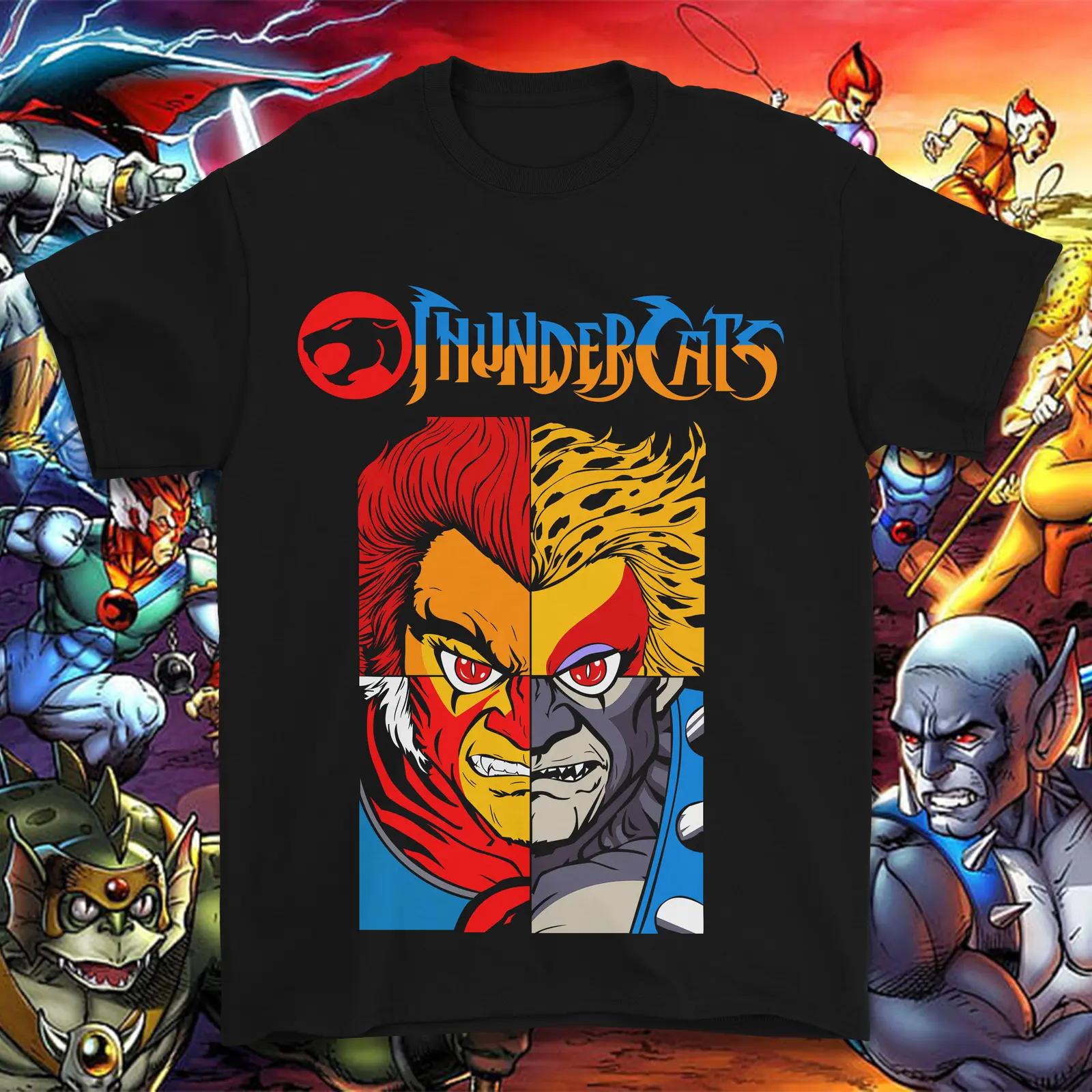 ThunderCats Retro 80s Cartoon Graphic Tee, Lion-O Split Face Grid Print and Mumm-Ra Vintage Anime Design, Oversized Heavyweight Cotton T-Shirt