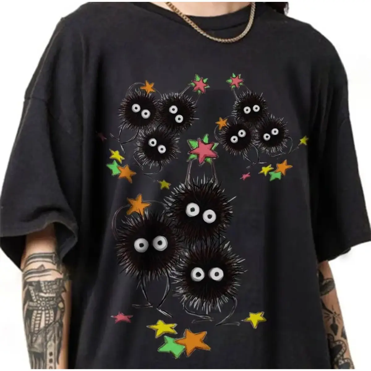 Studio Ghibli Soot Sprites Totoro Anime Graphic Tee, Aesthetic Colorful Stars Baggy Streetwear Cotton T-Shirt for Anime Fans