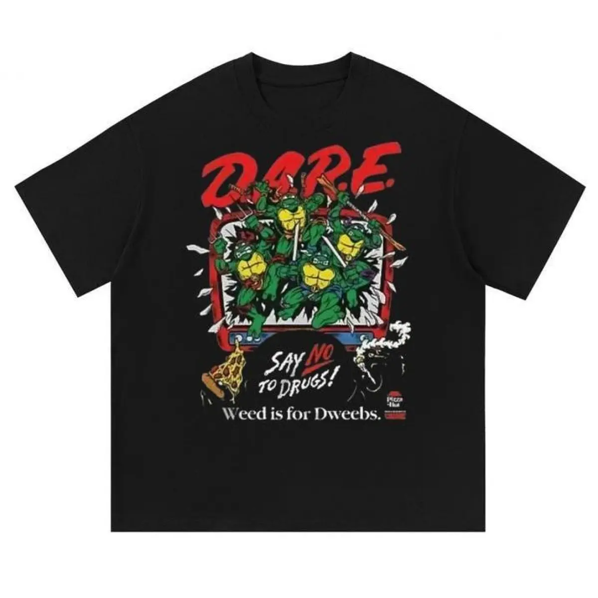 DARE Say No To Drugs Weed Is For Dweebs Teenage Mutant Ninja Turtles 90s Vintage Graphic Tee, Retro Reptile Loose Crewneck T-Shirt