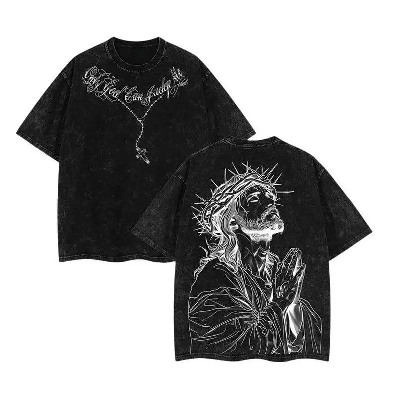 Only God Can Judge Me Jesus Crown of Thorns Christian Graphic Tee, Oversized Washed Vintage Distressed Retro Front and Back Streetwear T-Shirt