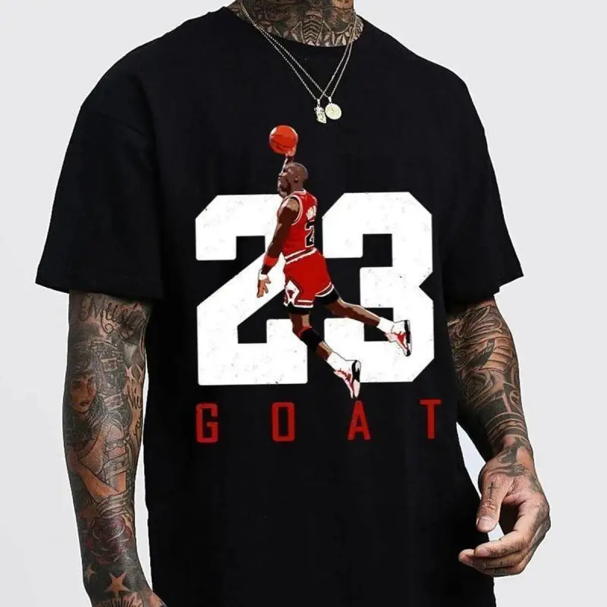 Michael Jordan 23 GOAT Iconic Dunk Pose Retro Basketball Graphic Tee, Bold Typography Y2K Streetwear Unisex Crewneck Cotton T-Shirt