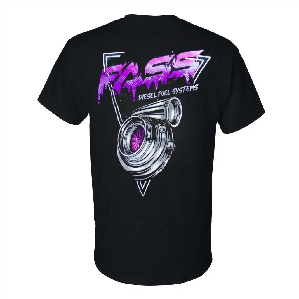 FASS Diesel Fuel Systems Neon Purple Turbocharger Graffiti Logo Graphic Tee, Retro Two-Sided Print Diesel Truck Streetwear T-Shirt