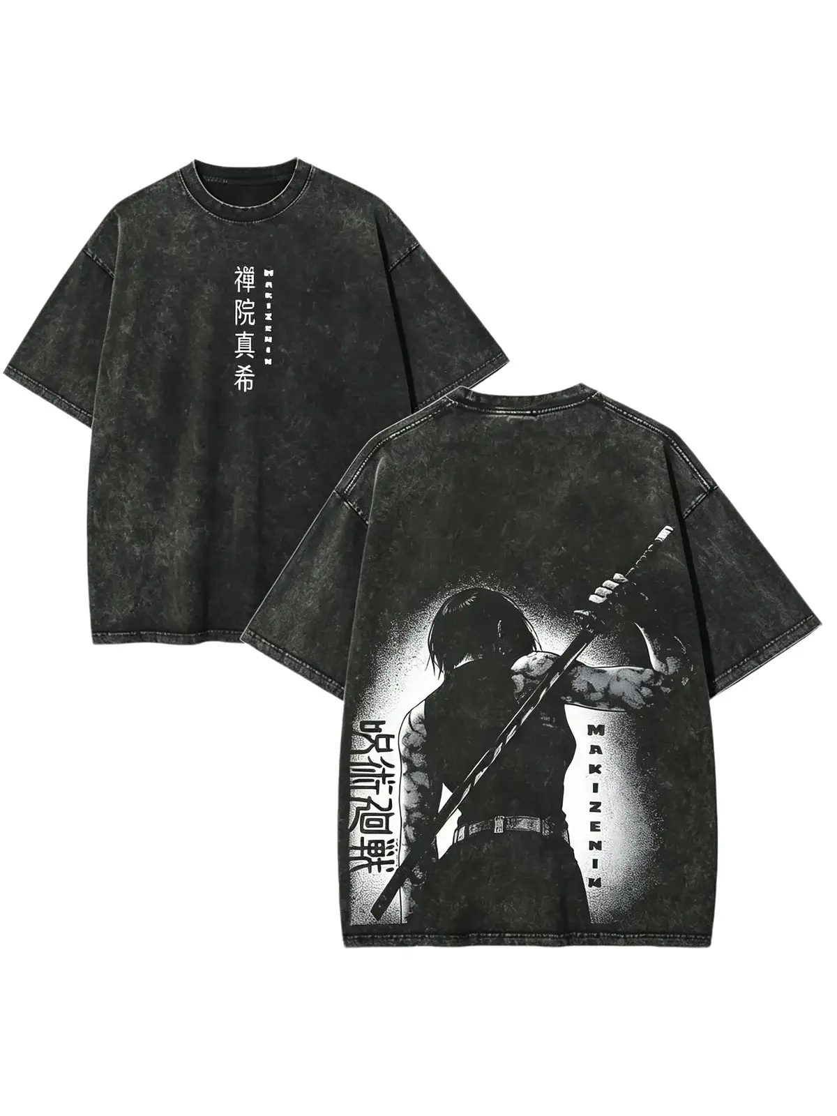Maki Zenin Jujutsu Kaisen Anime Warrior Graphic Tee, Vintage Washed Oversized Loose Cut Cotton T-Shirt, Front and Back Print Comic Con Streetwear