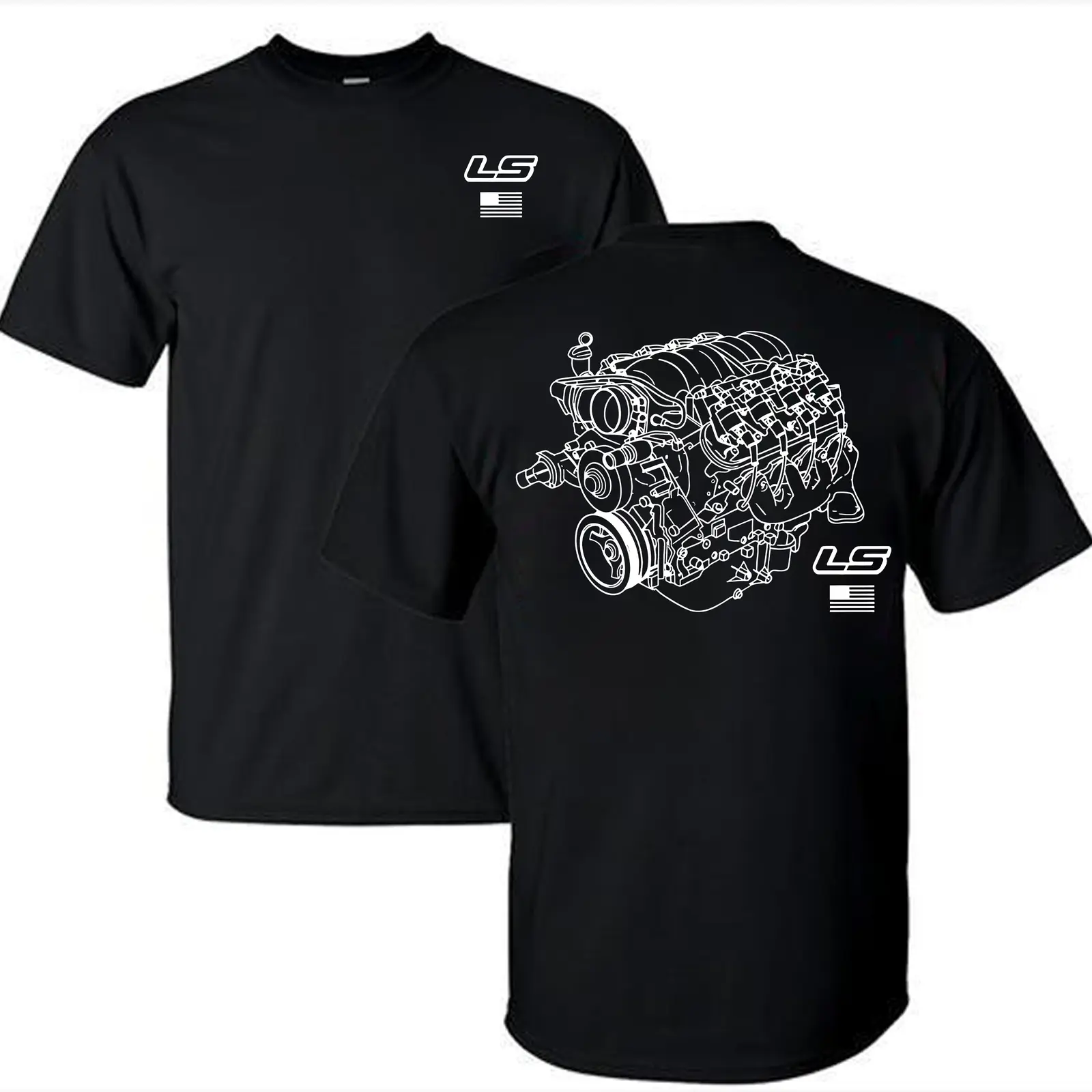 LS Engines Chevy Racing Graphic T-Shirt, V8 Engine Line Art Front and Back Print Car Enthusiast Garage Streetwear Casual Regular Fit Tee