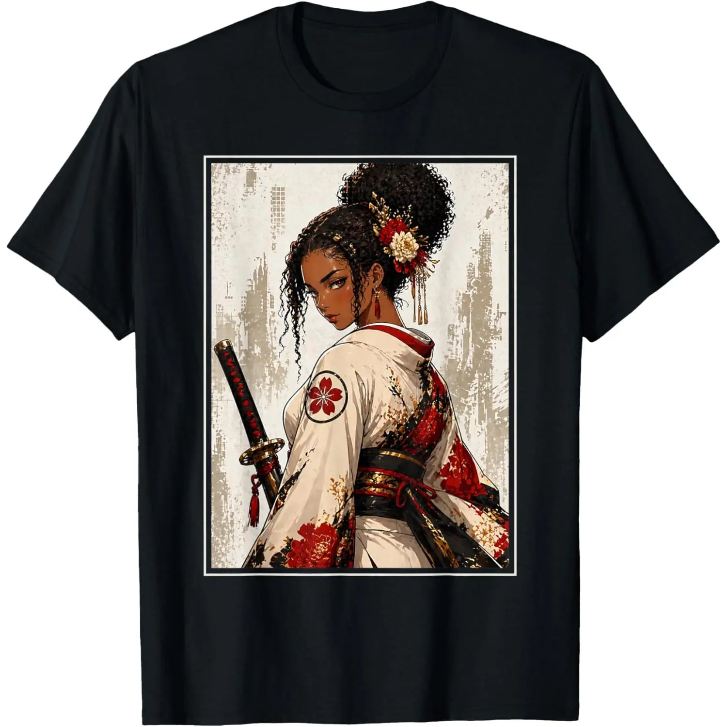 Anime Samurai Girl Japanese Aesthetic Graphic Tee, Distressed Vintage Art Print Black Women's 100% Cotton Crew Neck T-Shirt