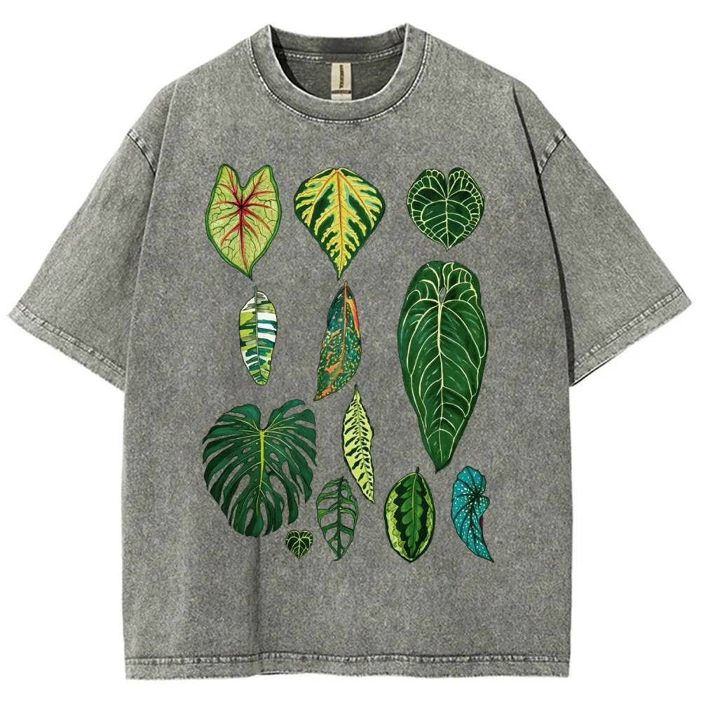 Vintage Washed Tropical Botanical Graphic Tee, Monstera Anthurium Philodendron Leaves Plant Lover Shirt, Oversized Acid Wash Cotton Casual Top