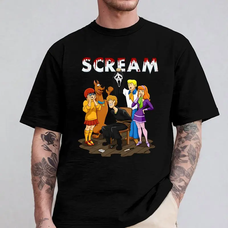 Scooby Scream Horror x Cartoon Mashup Graphic Tee, Ghostface Mystery Gang Halloween Grunge Biker Streetwear Oversized Unisex Cotton T-Shirt