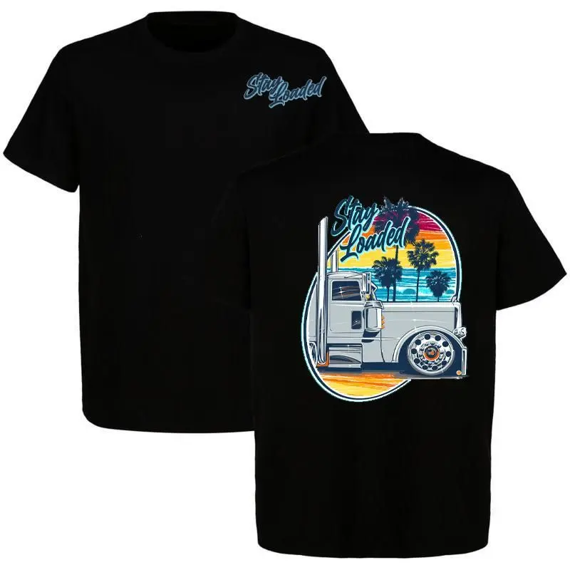 Stay Loaded Peterbilt Semi Truck Graphic Tee, Retro Sunset Big Rig Trucker Front and Back Print Grunge Streetwear Oversized T-Shirt