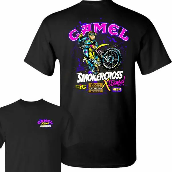 Camel SmokerCross Xtreme Neon Motocross Graphic Tee, Retro 90s Dirt Bike Motorcycle Racing Streetwear Double-Sided Cotton T-Shirt