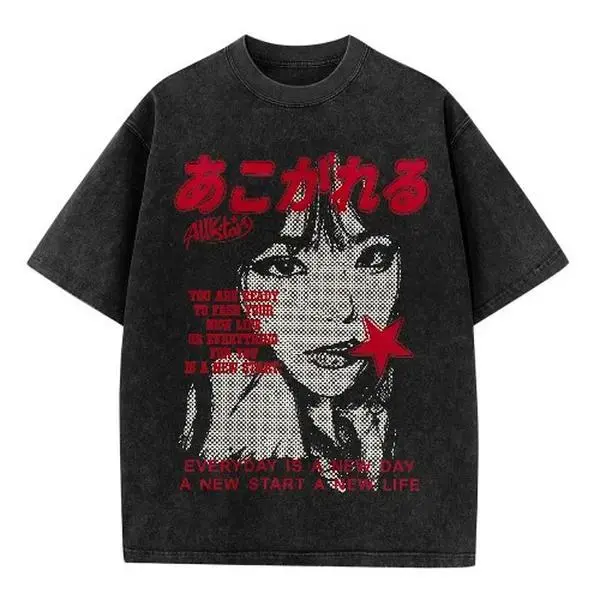 Y2K Retro Japanese Anime Girl Red Halftone Graphic Tee, Everyday Is a New Day Vintage Washed Oversized Unisex Crew Neck Streetwear T-Shirt