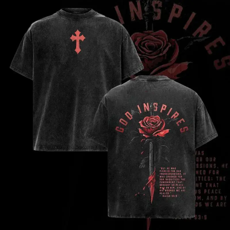 God Inspires Rose Isaiah 53:5 Bible Verse Christian Washed Tee, Vintage Faith Cross Double-Sided Oversized Pump Cover Workout Athletic T-Shirt