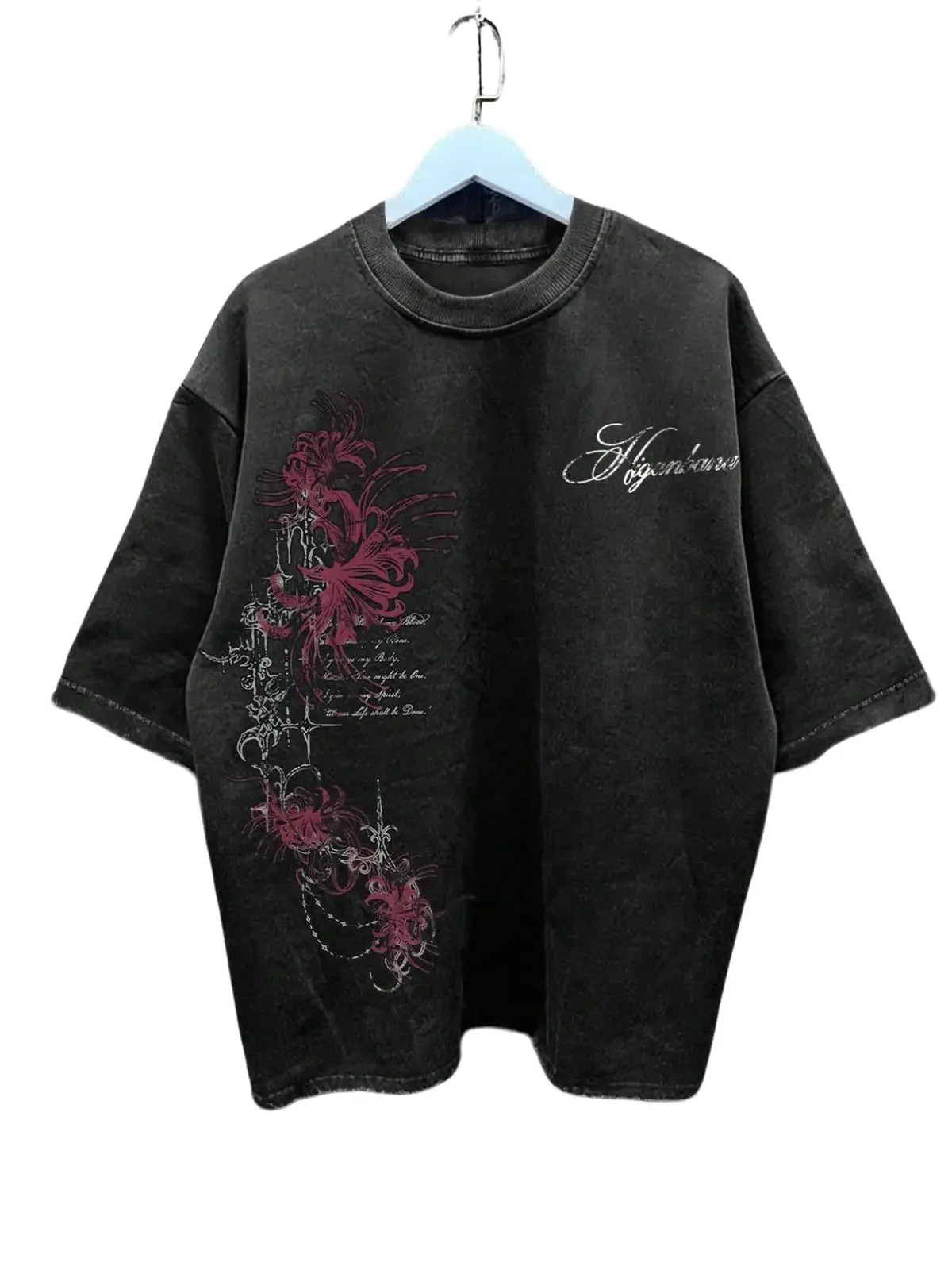 Vintage Spider Lily Graphic Tee, Acid Wash Oversized Heavyweight T-Shirt, Y2K Dark Gothic Grunge Aesthetic Retro Floral Streetwear Hip Hop Top