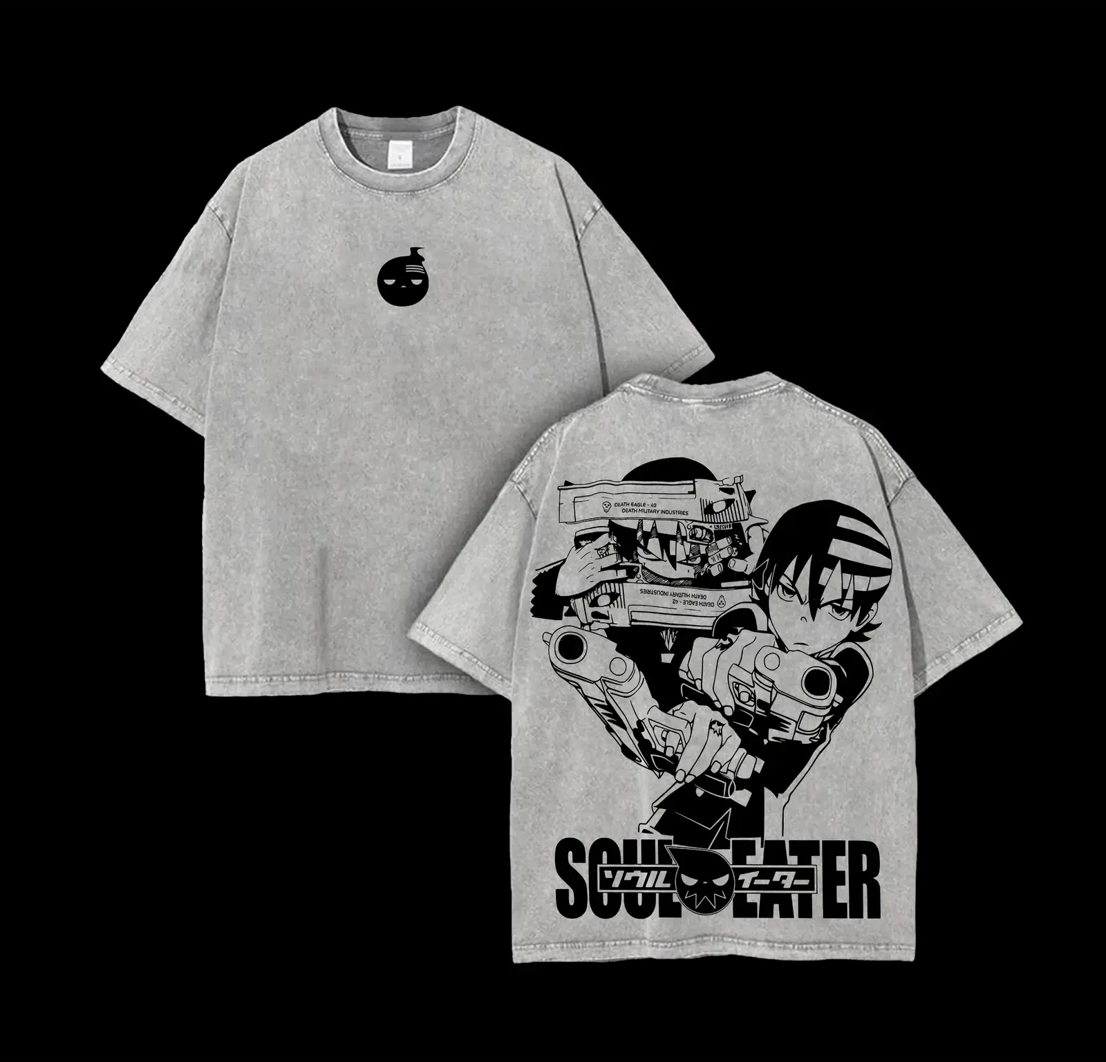 Death the Kid Soul Eater Anime Acid Washed Heavyweight Tee, Retro Manga Front and Back Print Oversized Vintage Streetwear T-Shirt