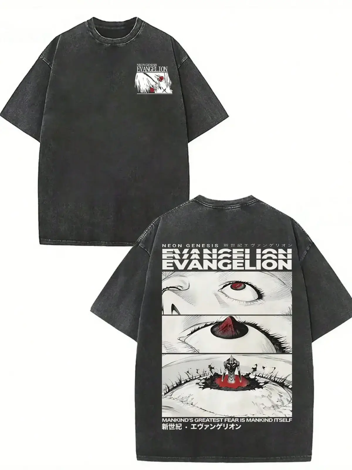 Neon Genesis Evangelion Devil's Eye Vintage Washed Anime Tee, 90s Retro Japanese Cartoon Minimalist Double-Sided Oversized Streetwear T-Shirt